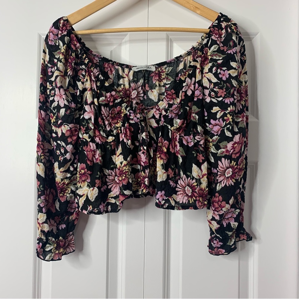 MXSTAZA Black Floral 3/4 Sleeve Cotton Blend Crop Top Size S